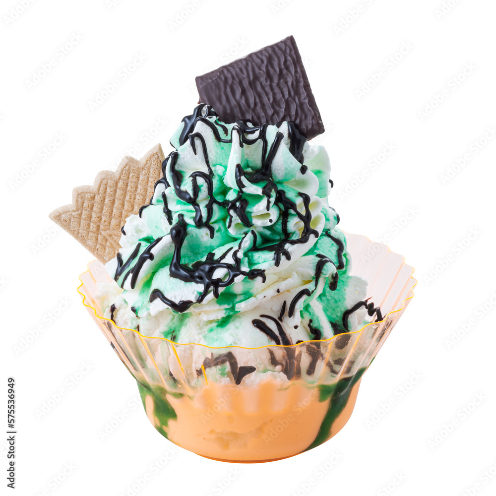 Delicious mint and chocolate ice cream sundae in a cup