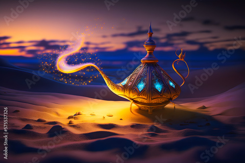 Slika na platnu Lamp of wishes on sand in desert genie coming out of the bottle