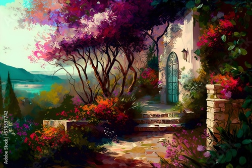 Wallpaper of a natural landscape, an outdoor garden of trees, flowers and beautiful nets, in attractive colors, used as a classic wall painting, digital painting © DavidGalih | Dikomo.
