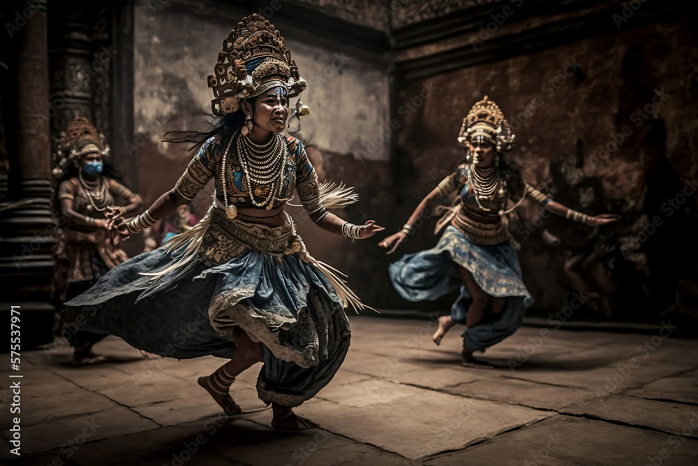 Elegance of Balinese Dance: An Indonesian Girl Dances in Traditional Costume at a Bali Temple, generative ai