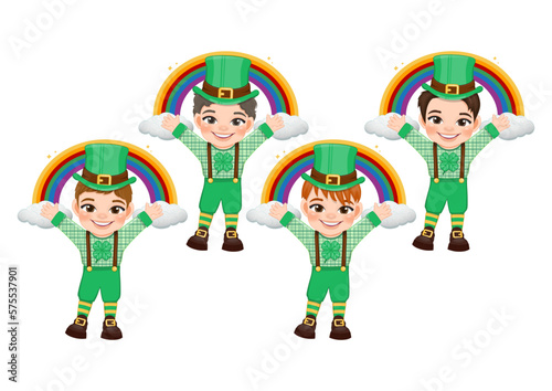 St. Patrick s Day with boys in Irish costumes. boy funny with rainbow and cloud cartoon character design vector