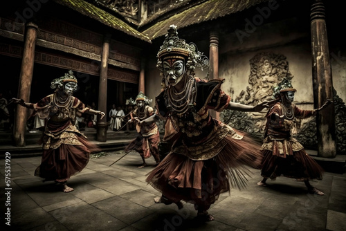 Elegance of Balinese Dance: An Indonesian Girl Dances in Traditional Costume at a Bali Temple, generative ai