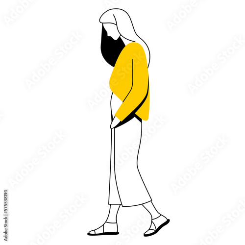 vector trendy linear image of a beautiful stylish girl in fashionable clothes walking down the street. street style, fashion. useful for architectural drawing, industrial design, web, graphic design