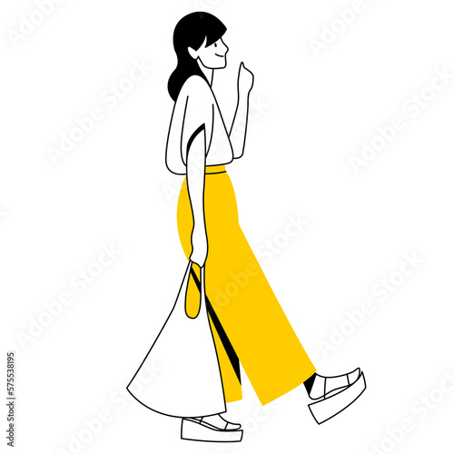 vector trendy linear image of a beautiful stylish girl in fashionable clothes walking down the street. street style, fashion. useful for architectural drawing, industrial design, web, graphic design