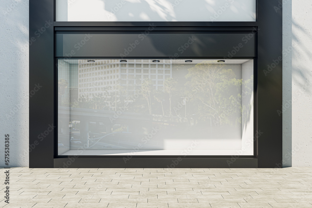 Front view on blank light wall background in empty shop window with place for your product presentation behind sunlit glass walls with city reflection in modern building outdoors. 3D rendering, mockup - obrazy, fototapety, plakaty 