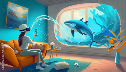 girl taking VR headset and play with dolphin in SeaWorld