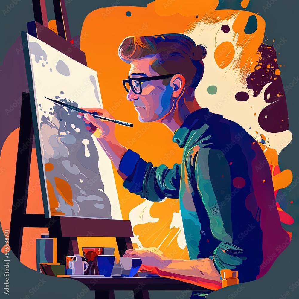 A picture of an artist who is painting a picture in bright colors, symbolizing the inspiration