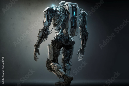 Unlocking Human Potential Image of Exoskeleton on dark background, Wearable Technology © alisaaa
