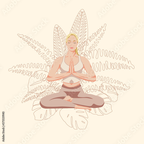 Illustration blond woman doing yoga among tropical plants on a beige background