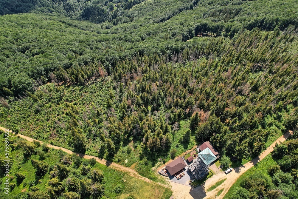 Czantoria border crossing in the mountains between Poland and the Czech Republic photographed from above by a drone