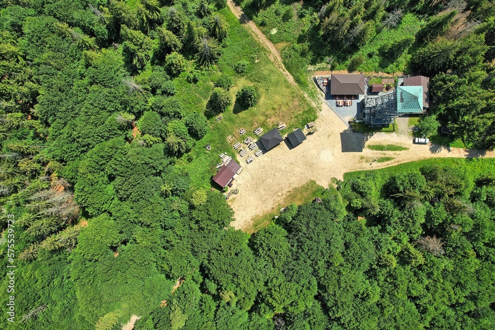 Czantoria border crossing in the mountains between Poland and the Czech Republic photographed from above by a drone