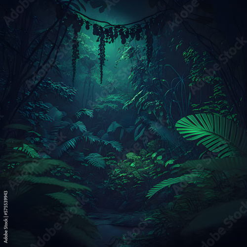 Deep tropical forest in darkness. Generative AI
