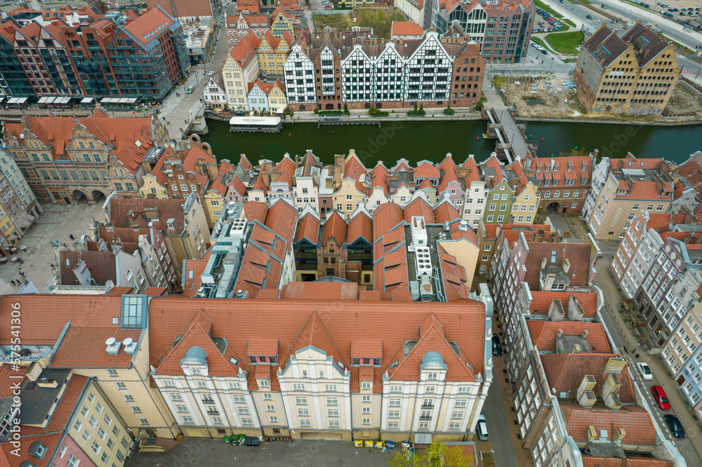 Top view from the drone of the old town in Gdansk, Poland