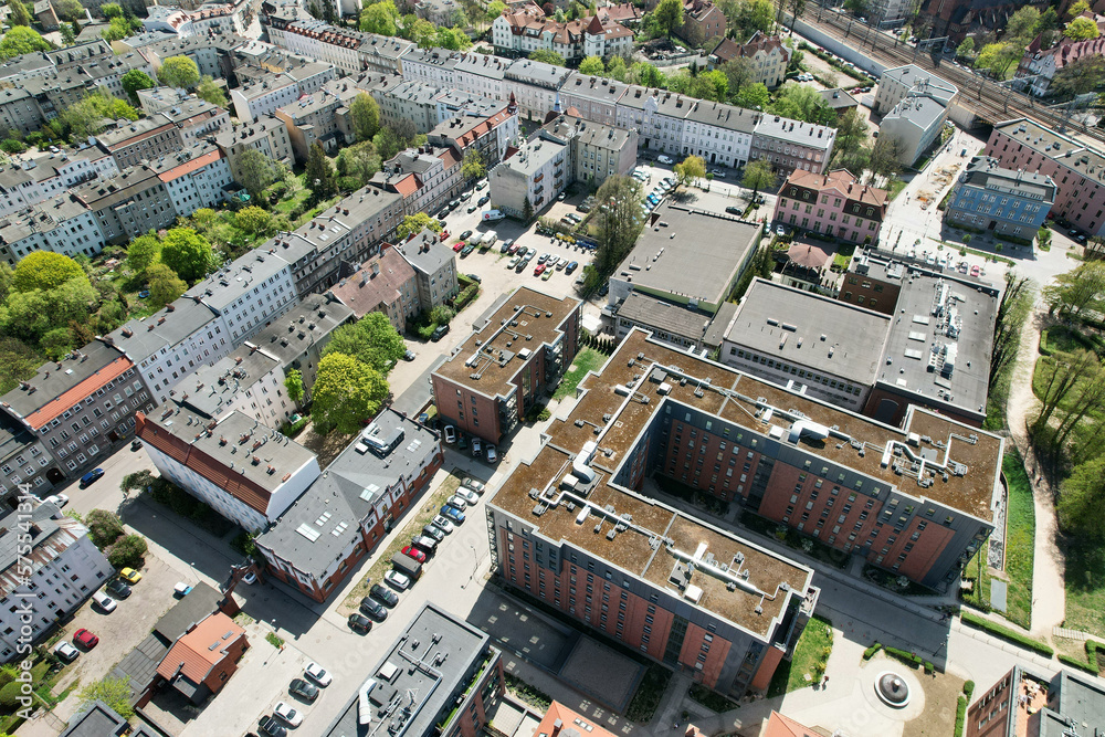 A modern housing estate on the site of an old brewery in Gdańsk, shown with a drone from the air