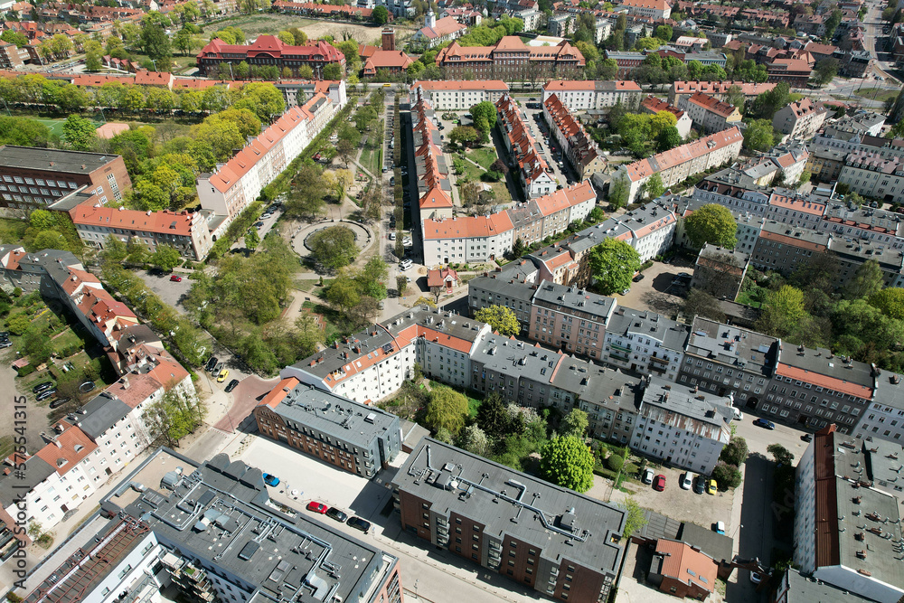 Top view from the drone on historic housing estates in Gdansk