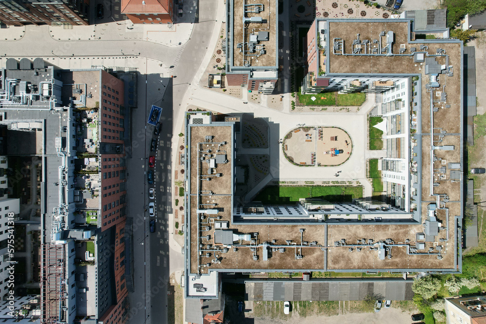 A modern housing estate on the site of an old brewery in Gdańsk, shown with a drone from the air