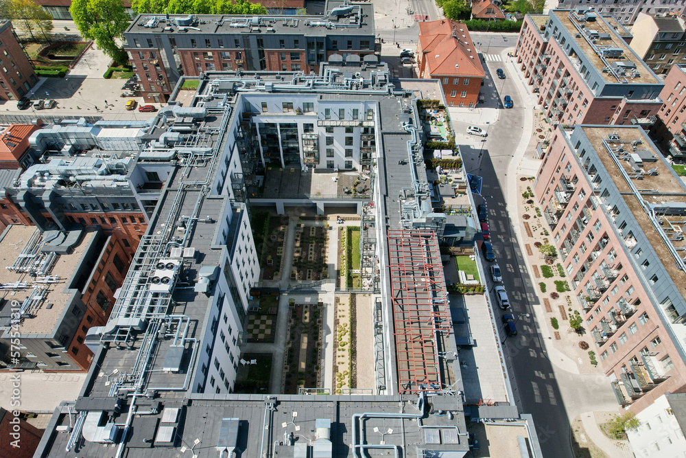 A modern housing estate on the site of an old brewery in Gdańsk, shown with a drone from the air
