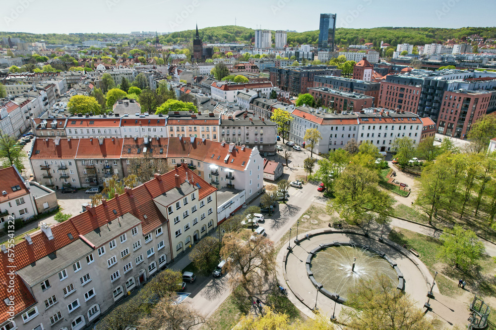 Top view from the drone on historic housing estates in Gdansk