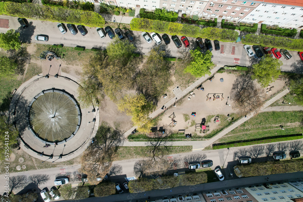 A modern housing estate on the site of an old brewery in Gdańsk, shown with a drone from the air