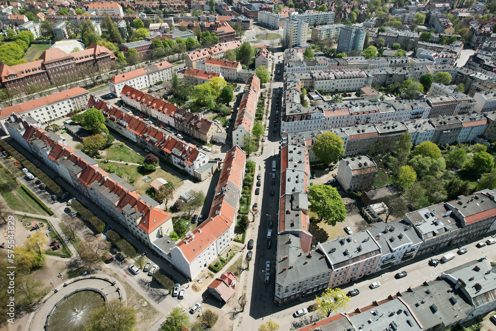 Top view from the drone on historic housing estates in Gdansk