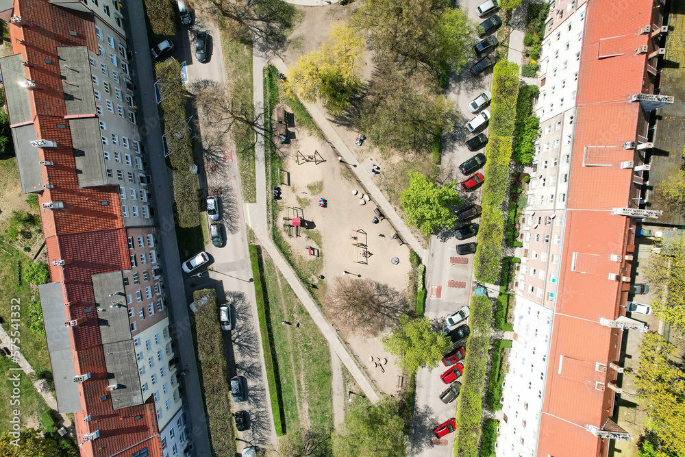 A modern housing estate on the site of an old brewery in Gdańsk, shown with a drone from the air