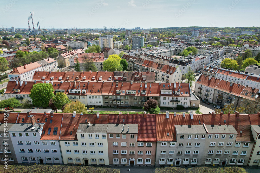 Top view from the drone on historic housing estates in Gdansk