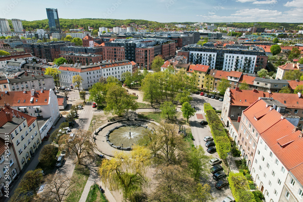 Top view from the drone on historic housing estates in Gdansk