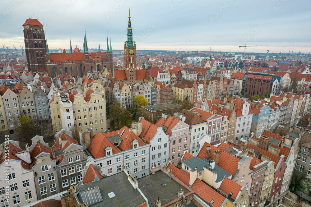 Top view from the drone of the old town in Gdansk, Poland