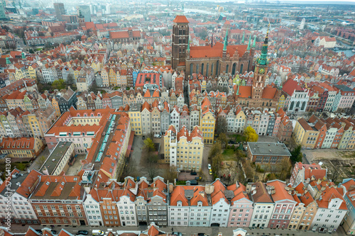 Top view from the drone of the old town in Gdansk, Poland