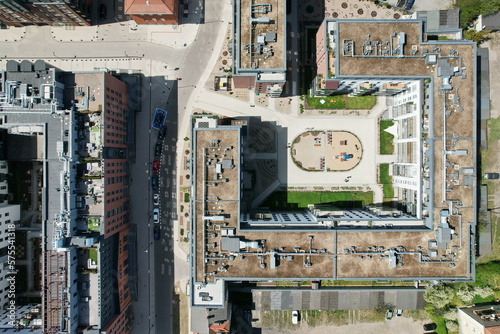 Obraz na płótnie A modern housing estate on the site of an old brewery in Gdańsk, shown with a drone from the air w salonie