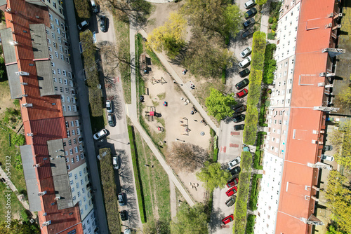 Obraz na płótnie A modern housing estate on the site of an old brewery in Gdańsk, shown with a drone from the air w salonie