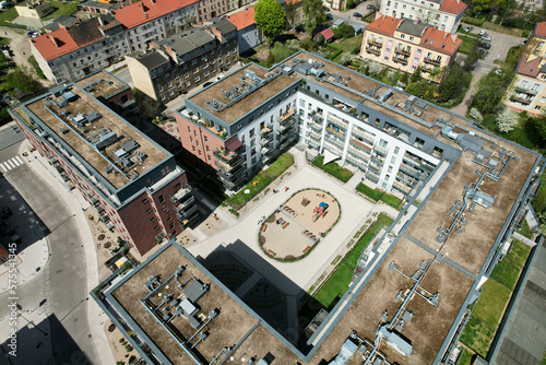A modern housing estate on the site of an old brewery in Gdańsk, shown with a drone from the air