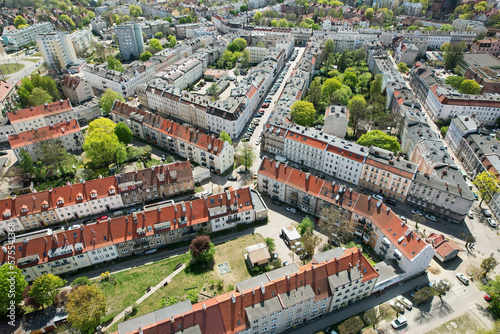 Top view from the drone on historic housing estates in Gdansk