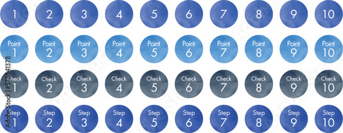 使いやすい　数字のアイコン　ポイント　チェック　ステップ　青　水彩