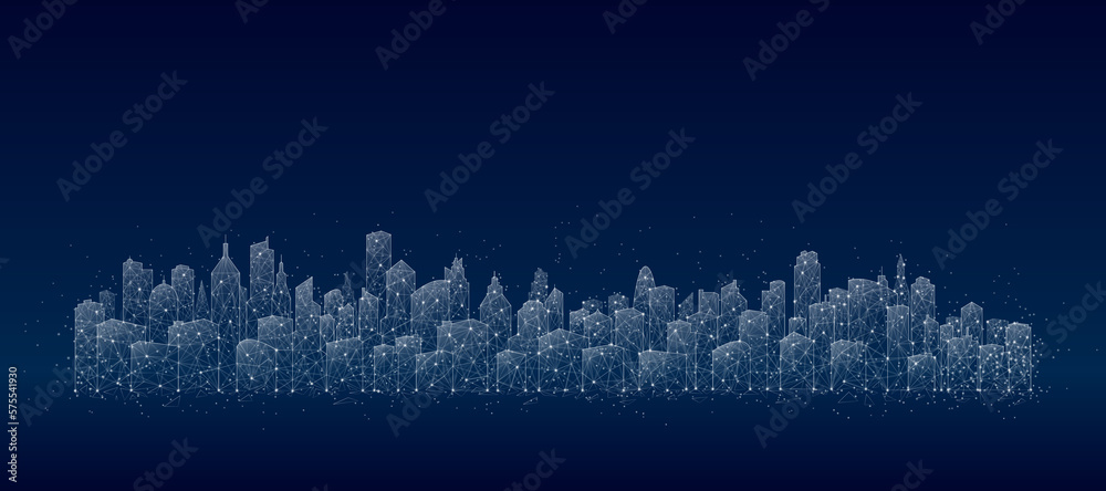 Digital city on dark background. Urban architecture illustration, cityscape with space and light effect. Modern building science concept. Technology future in digital city for banner background.
