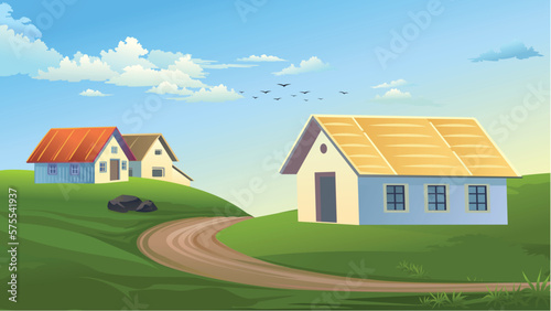 Indian village mud road rural house green land simple house with roofing 