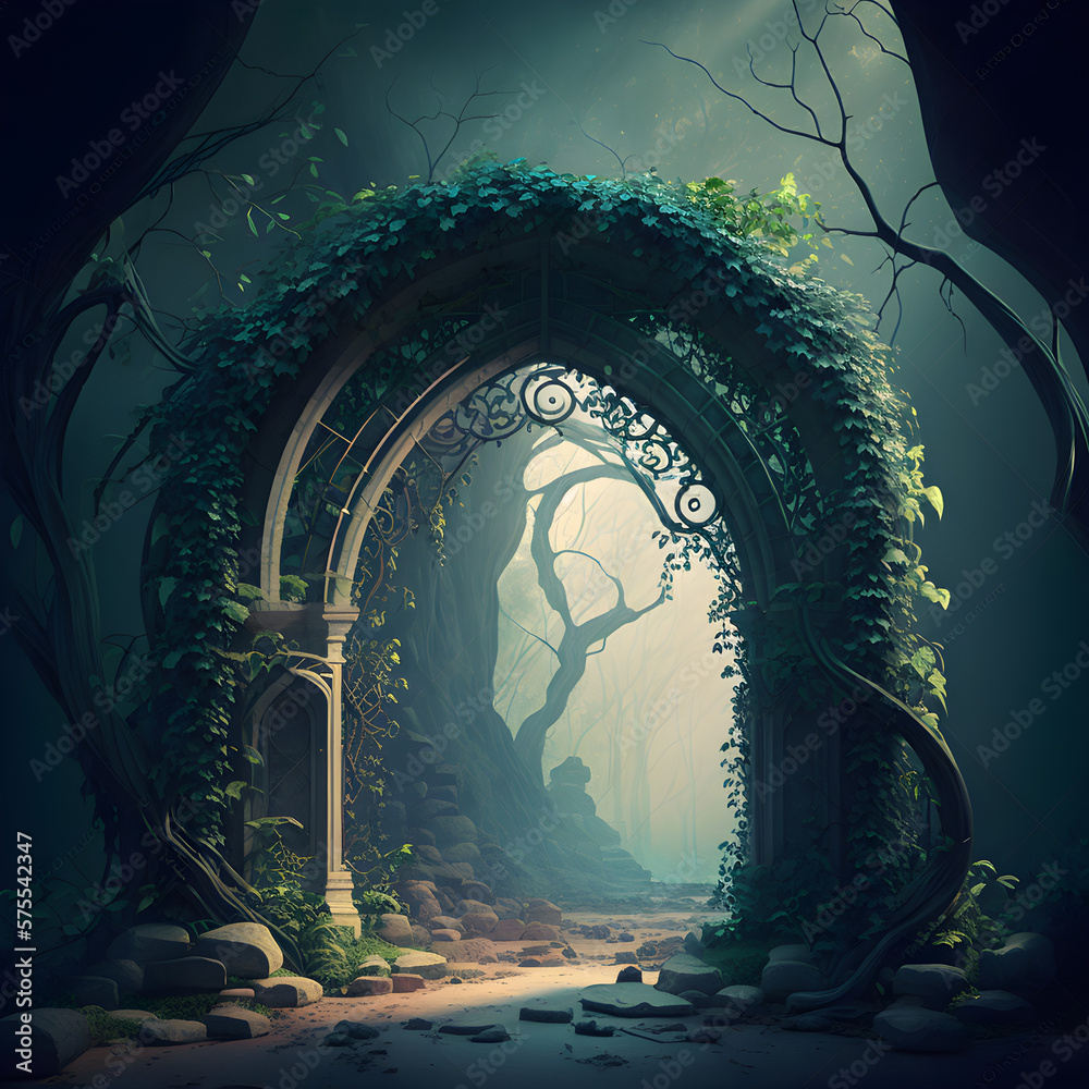 Spectacular archway covered with vine in the middle of fantasy