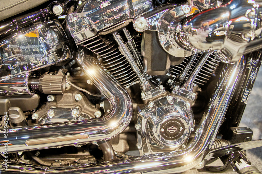 Chromed Engine Block Braunschweig, Germany, February 25, 2023: Chromed shiny reflective ...