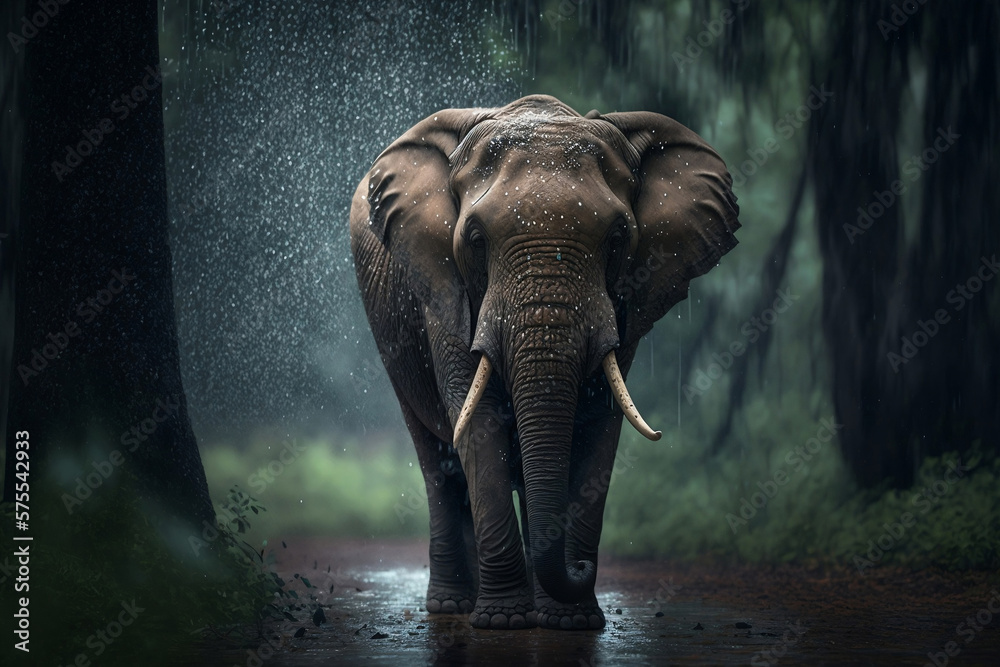 elephant in the rain in the jungle, generative ai