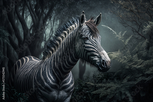 Cinematic shot of a majestic zebra wandering in the lush forest