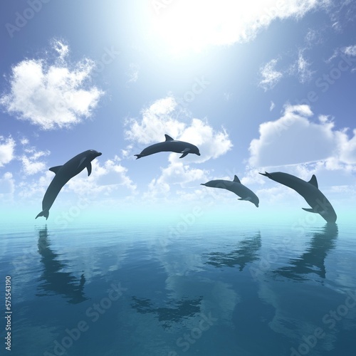 Dolphins in the ocean jump out of the water, silhouettes of dolphins against the sky, 3d rendering
