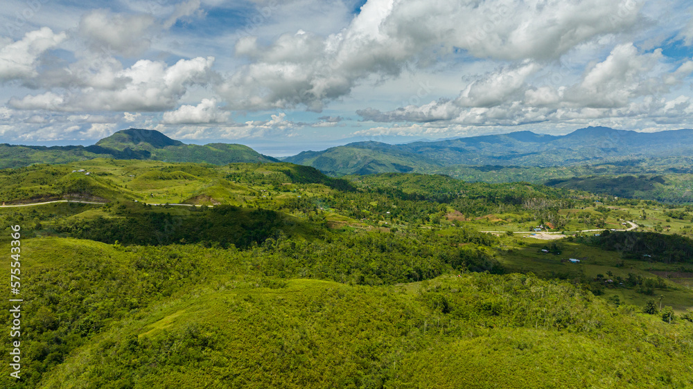 Aerial drone of farming and growing plants in a mountain valley. Negros, Philippines