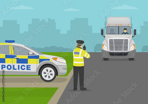 Traffic police checkpoint. Male officer holding a radar speed gun on highway. Back view. Flat vector illustration template.