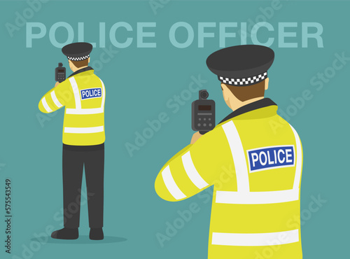 Isolated european police officer holding a radar speed gun. Back view. Flat vector illustration template.