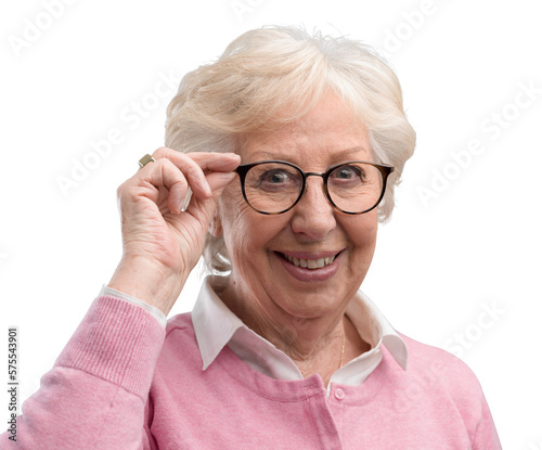 Happy senior lady posing and showing her glasses
