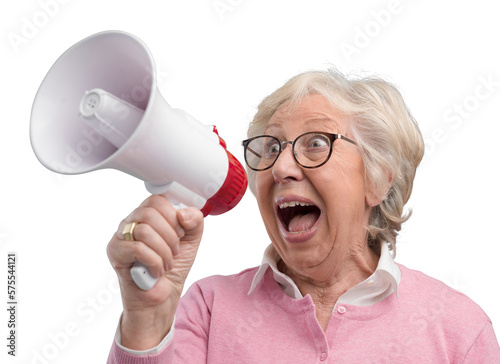 Obraz na plátně Cheerful senior lady shouting into a megaphone
