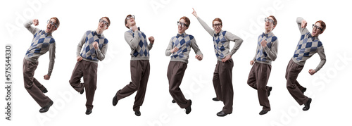 Tableau sur toile Nerd student enjoys dancing isolated on white background