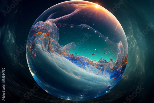 This stunning AI-generated photo captures a vision of the future, with a breathtaking display of a futuristic bubble floating in crystal-clear water. The bubble is sleek and streamlined.