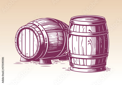 Hand drawn wine, beer, whisky, rum, bourbon barrel illustration. Vintage engraving style woodcut vector illustration Eps 10.