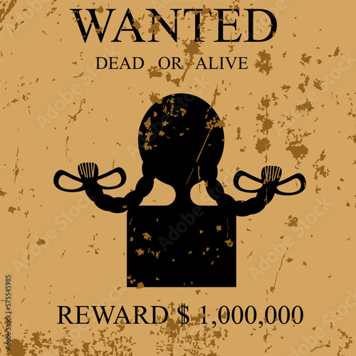 Silhouette of person on most wanted retro poster with inscription. 
